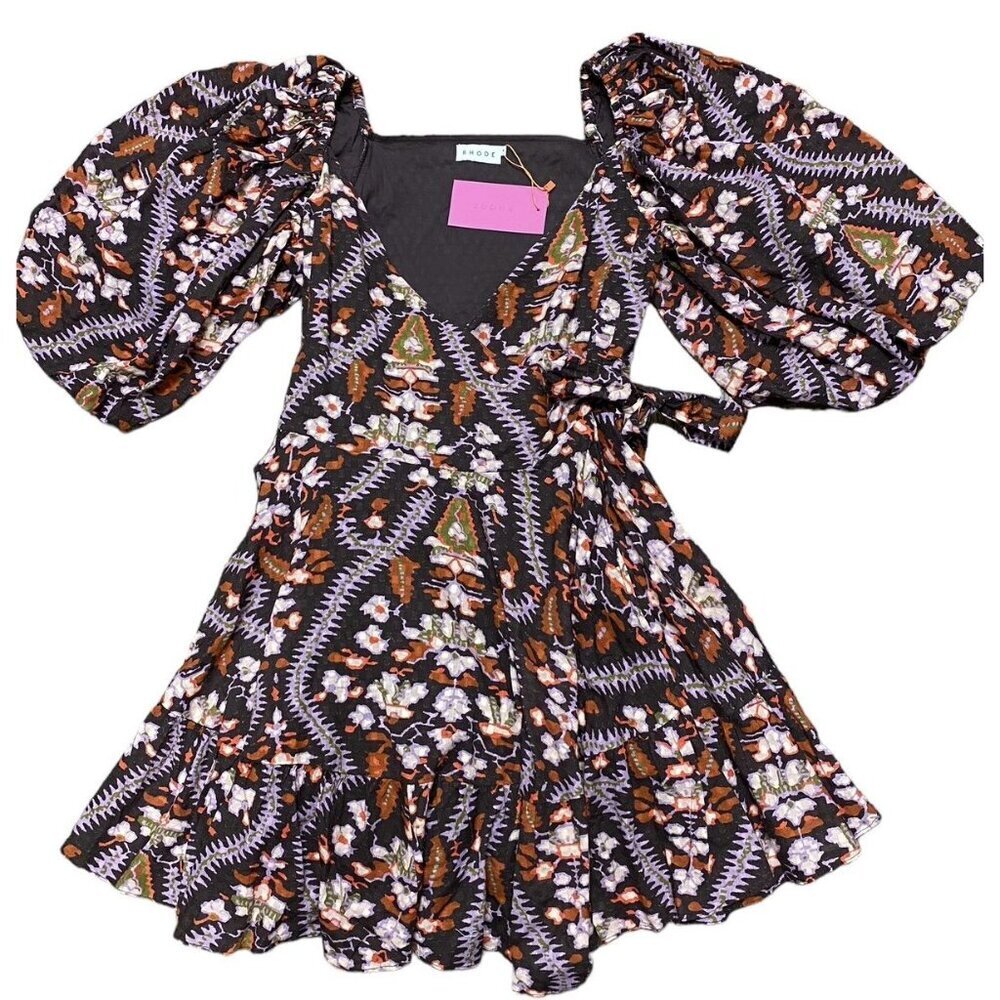 Rhode Dress Sz M Darya Brown Floral Wrap Cotton Boho Western Cottagecore Kawaii